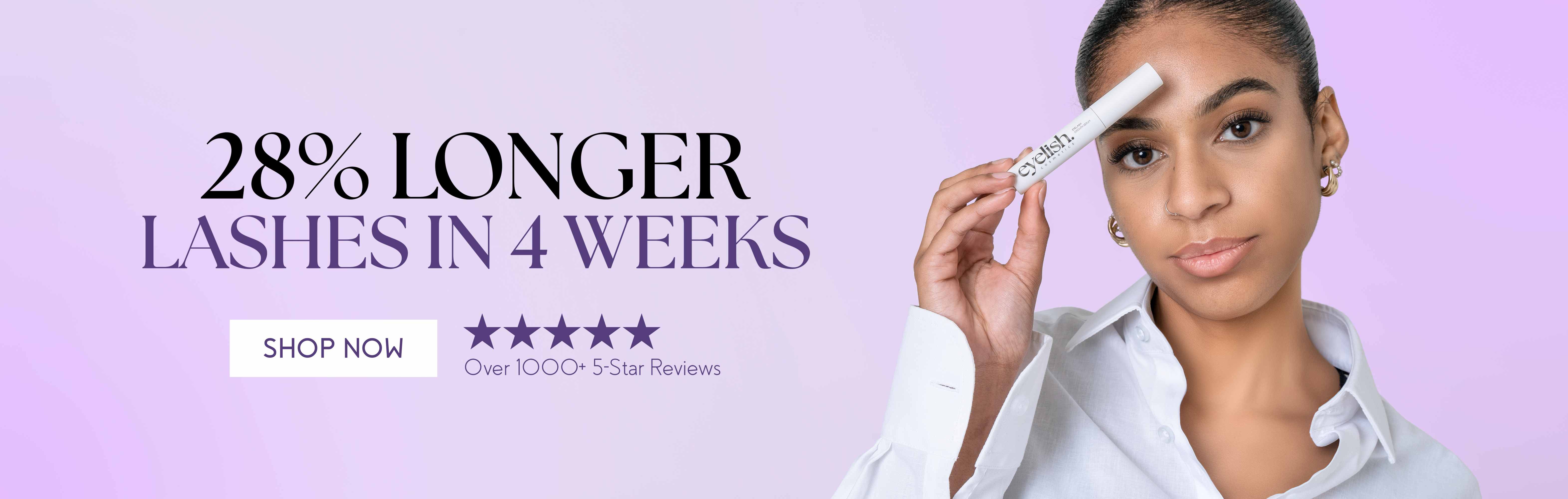 Woman applying Eyelish serum showing 28% longer lashes in 4 weeks